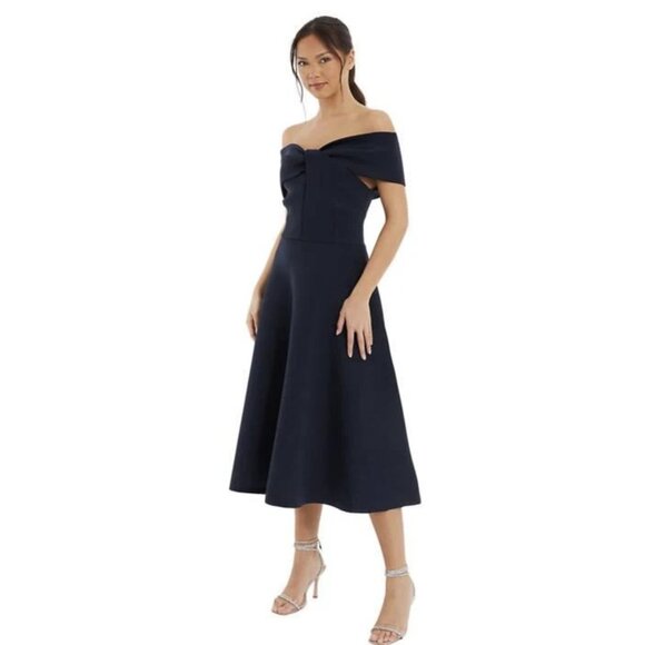 Quiz Dresses & Skirts - Quiz Midi Scuba Skater Dress Womens US 12 Navy Blue Twist Bardot Off Shoulder